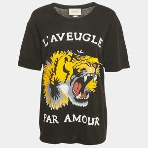 Gucci Black L'Aveugle Par Amour Tiger Print Cotton Distressed T-Shirt XS
