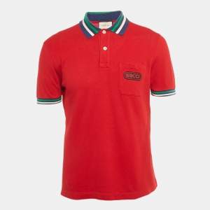 Pre Owned Gucci Red Logo Applique Cotton Polo T-Shirt M 