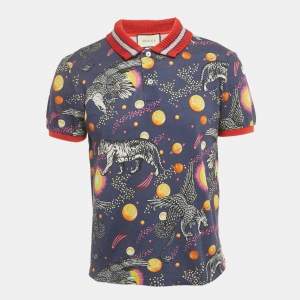 Pre Owned Gucci Blue Space Print Pique Rib Collar Polo T-Shirt M