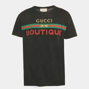 Pre Owned تي شيرت غوتشي قطن بطباعة الشعار بلون أسود برقبة مستديرة مقاس متوسط (ميديم)