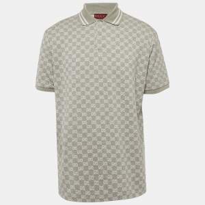 Pre Owned Gucci Grey /White Logo Pattern Cotton Polo T-Shirt L