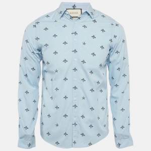 مملوكة مسبقًا Gucci Blue Bee Print Cotton Duke Shirt XS