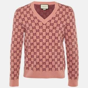 Pre Owned Gucci Pink/Red GG Web Intarsia Wool V-Neck Sweater S