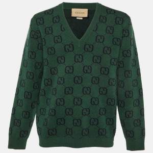 Pre Owned Gucci Green GG Web Intarsia Wool V-Neck Sweater M