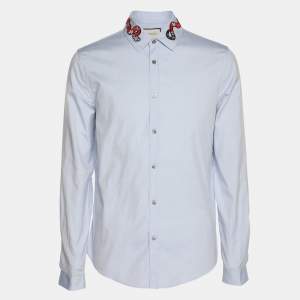 Pre Owned Gucci Blue Snake Embroidered Collar Cotton Duke Shirt M