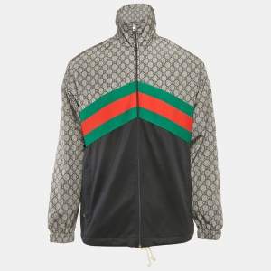 Pre Owned Gucci Blue GG Print Nylon and Jersey Web Trim Jacket XS