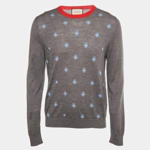 Pre Owned Gucci Grey Bee Intarsia Wool Knit Crew Neck Sweater XL
