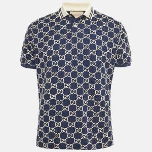 Pre Owned Gucci Blue GG Embroidered Pique Polo T-Shirt S