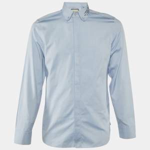 Pre Owned Gucci Blue Chambray Cotton Embroidered Collar Button Down Shirt M