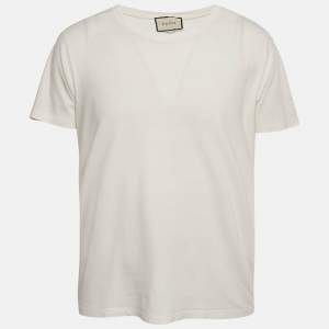Pre Owned Gucci Cream Logo Print Jersey Distressed T-Shirt S