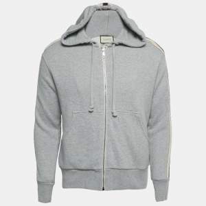 Pre Owned Gucci Grey Web Trim Cotton Zip-Up Hoodie XS