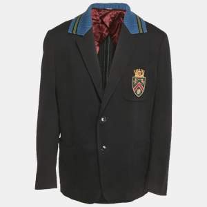 Pre Owned Gucci Blue Rib Collar Cotton Switch Emblem Blazer XXXL