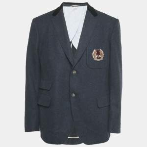 Pre Owned Gucci Blue Bee Applique Wool Regular Fit Blazer XXXL