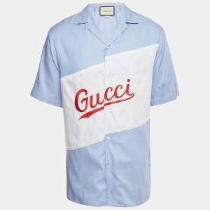 Pre Owned Gucci Light Blue Logo Embroidered Cotton Oversized Script Bowling Shirt M