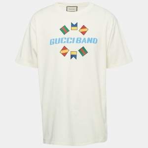 Pre Owned Gucci Cream Logo Band Print Cotton T-Shirt XL