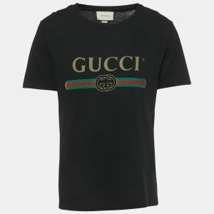 Pre Owned Gucci Black Logo Print Cotton T-Shirt S 