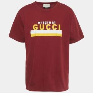 Pre Owned Gucci Burgundy Logo Print Jersey Crewneck T-Shirt XL