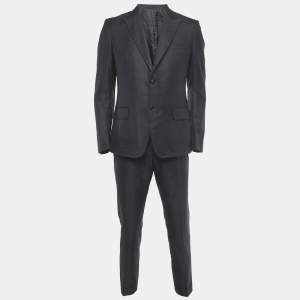 مملوكة مسبقًا طقم غوتشي بليزر وبنطلون مزيج ص�وف مقلم أزرق كحلي مقاس كبير