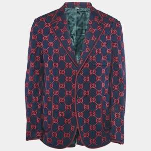 مملوكة مسبقًا Gucci Navy Blue/Red GG Jacquard Knit Blazer XL