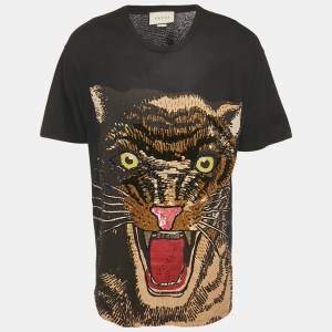 Pre Owned Gucci Black Tiger Print Jersey Embellished T-Shirt M
