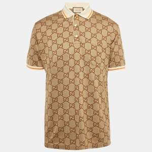 Pre Owned Gucci Brown GG Jacquard Jersey Polo T-Shirt L