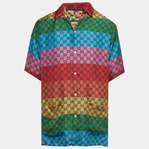 مملوكة مسبقًا Gucci Multicolor Logo Printed Silk Short Sleeve Shirt L