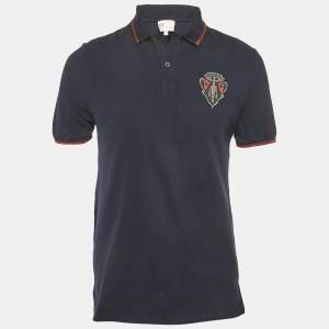 مملوكة مسبقًا Gucci Equestrian Blue Cotton Patch Detail Polo T-Shirt L