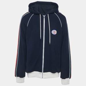 Pre Owned Gucci Blue Web Trim Textured Knit Hooded Jacket XL