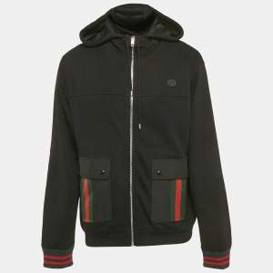 Pre Owned Gucci Black Web Trim Cotton Zip-Up Jacket L