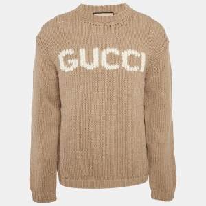 Pre Owned Gucci Brown Logo Intarsia Rib Knit Sweater L