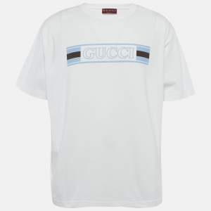 مملوكة مسبقًا Gucci White Web Banner Print Jersey Short Sleeve T-Shirt XXXL