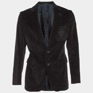 Pre Owned Gucci Black Corduroy Logo Pocket One Buttoned Blazer L