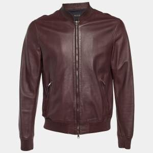 مملوكة مسبقًا Gucci Burgundy Leather Zip Up Bomber Jacket M