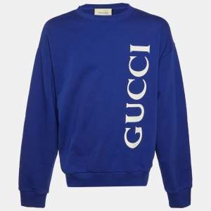 Pre Owned Gucci Royal Blue Logo Print Cotton Crew Neck Sweatshirt XL