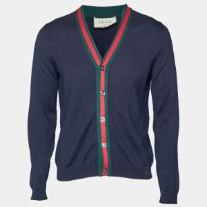 Pre Owned Gucci Navy Blue Web Trim Wool Knit Cardigan S