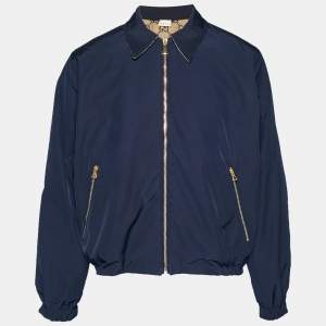 Pre Owned Gucci Blue/Beige GG Canvas and Synthetic Reversible Blouson M