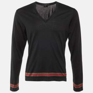 Pre Owned تي شيرت غوتشي قطن أسود بخطوط ويب ياقة على شكل V أكمام طويلة مقاس كبير (لارج)