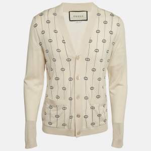 Pre Owned Gucci Beige GG Intarsia Wool Cardigan M