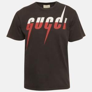 Pre Owned Gucci Black Blade Logo Printed Cotton Knit T-Shirt L