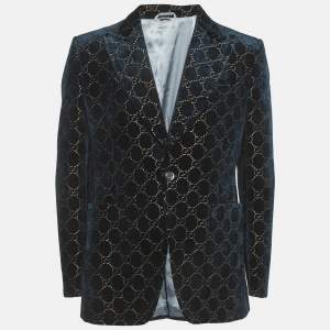 مملوكة مسبقًا Gucci Teal Blue Logo Jacquard Velvet Blazer 2XL