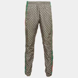 Pre Owned Gucci Grey Synthetic GG Supreme Web Stripe Print Sweat Pants L 