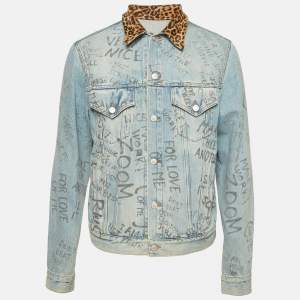Pre Owned Gucci Blue Scribble Writing Leopard-Collared Denim Jacket L