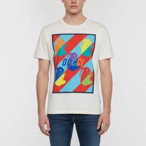 Pre Owned Gucci Off White Rabbit Print Cotton Crewneck T-Shirt S