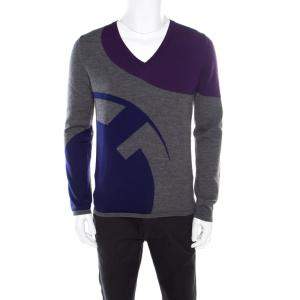 Gucci Melange Grey Patterned Wool V Neck Sweater L