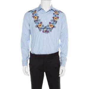 Gucci Blue and White Striped Floral Printed Long Sleeve Skinny Shirt L