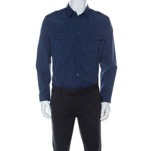 Gucci Dark Blue Cotton Epaulette Embroidery Detail Full Sleeve Shirt XL