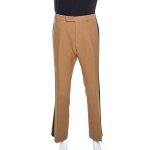 Gucci Camel Wool And Silk-Blend Web Striped Flared Trousers XXL