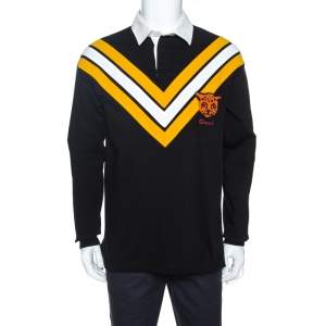 Gucci Black Chevron & Leopard Appliqued Cotton Polo T-Shirt M