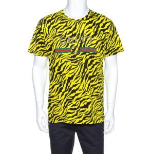 Gucci Yellow and Black Tiger Stripe Print Cotton T-Shirt XS