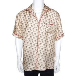 Gucci Beige Invite Stamp Print Silk Satin Bowling Shirt XL